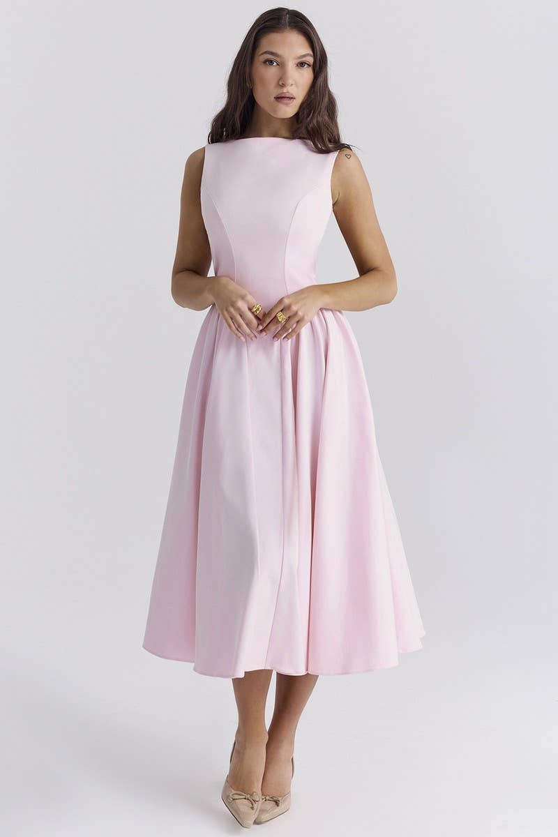 CWDMD6094_SOLID CREW NECK BACKLESS ELEGANT FASHION DRESS