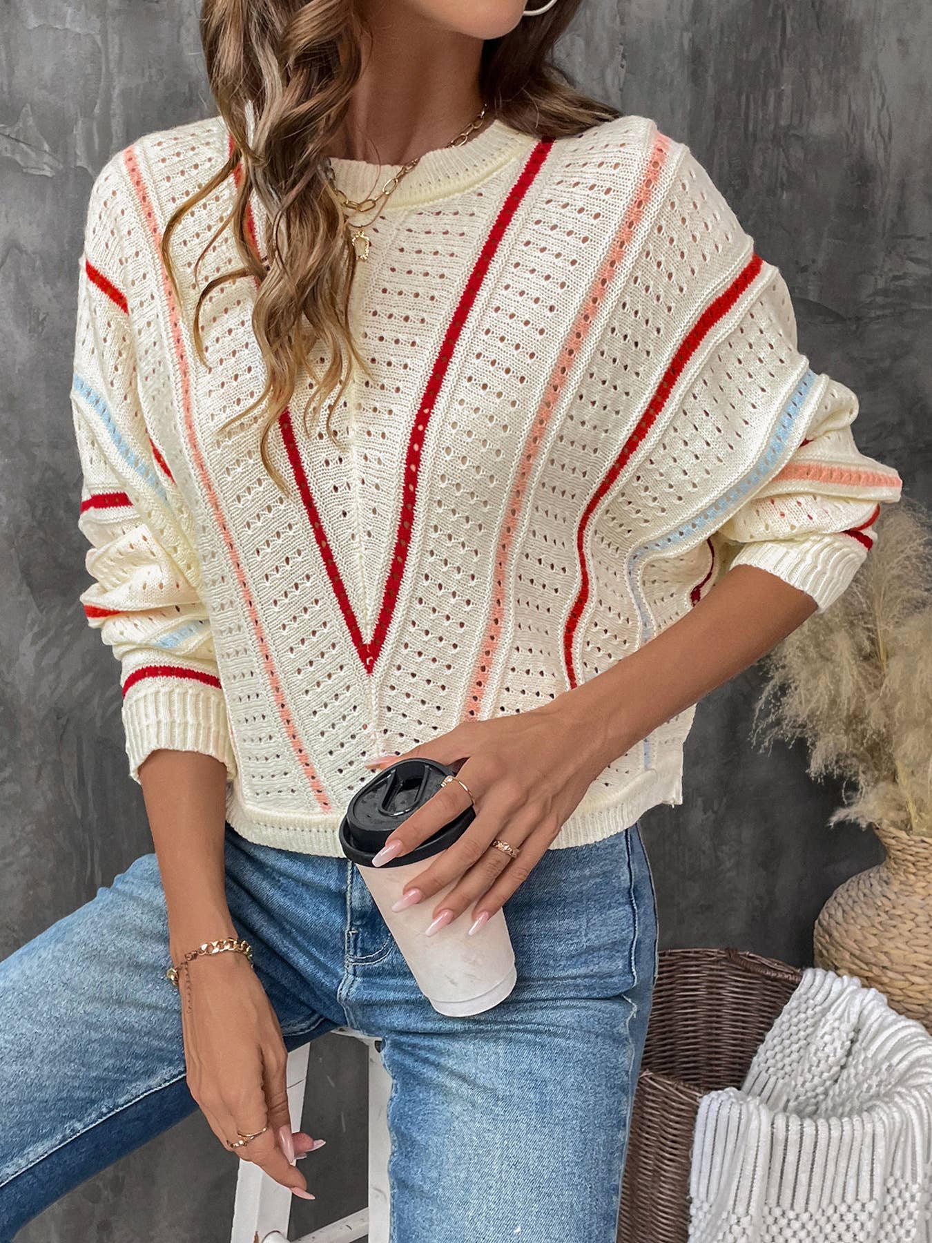 COLORFUL STRIPED CREW NECK PULLOVER SWEATER