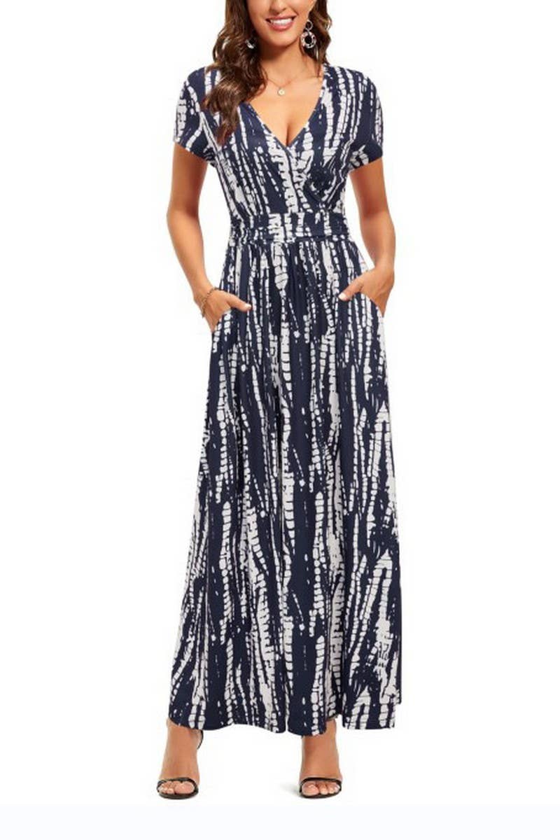 CWDMD01025_PRINTED V-NECK SHORT-SLEEVED POCKET DRESS