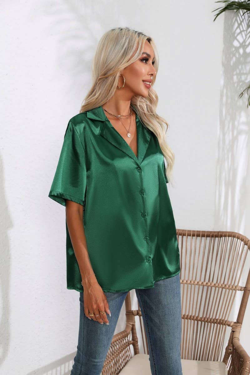 CWTBLS0408_Button Down Silky Satin Short Sleeve Top
