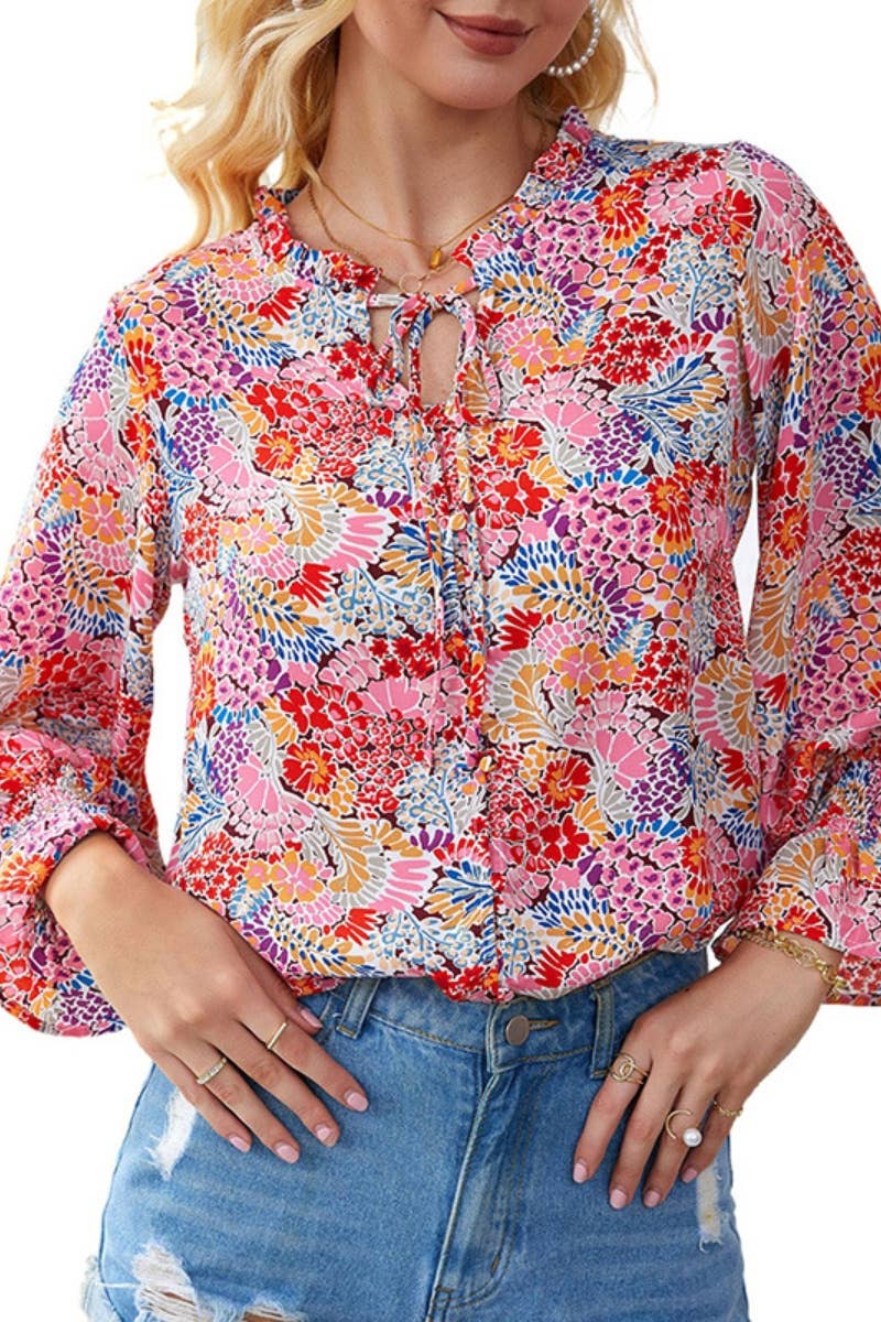 CWTBLL1151_FLORAL CHIFFON LONG SLEEVE V-NECK SHIRT TOP