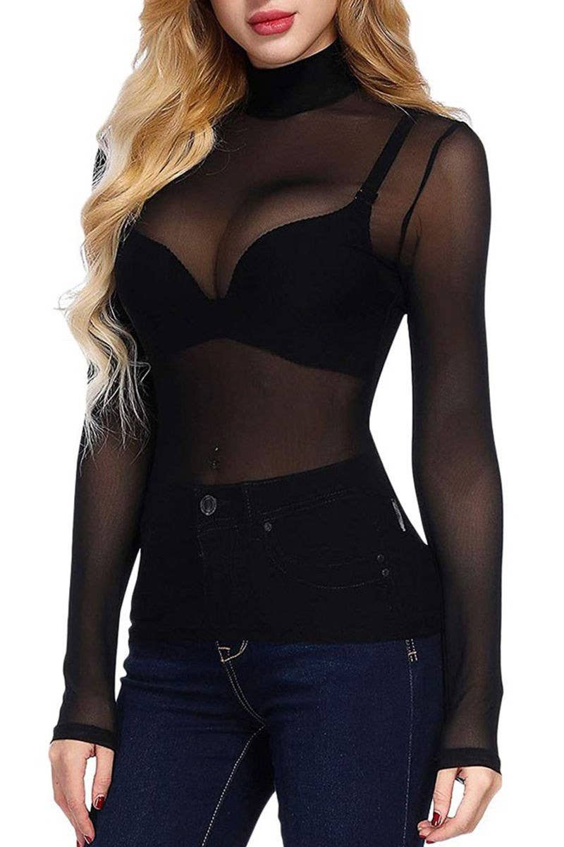 CWTBLL3864_SHEER MESH STRETCH LONG SLEEVE TURTLENECK TOP