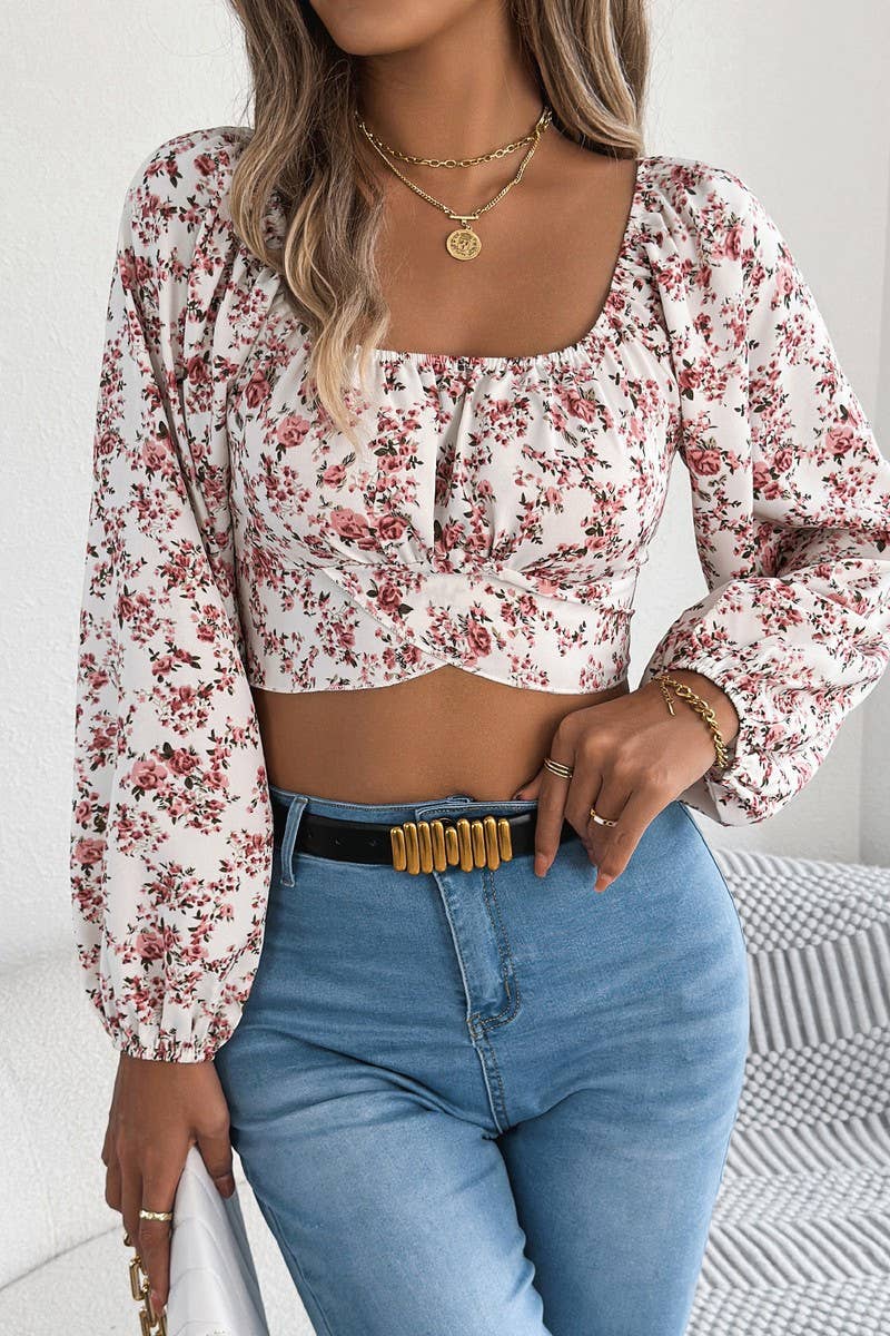CWTBLL3974_FLORAL CHIFFON LANTERN SLEEVE TIE WAIST CROP TOP