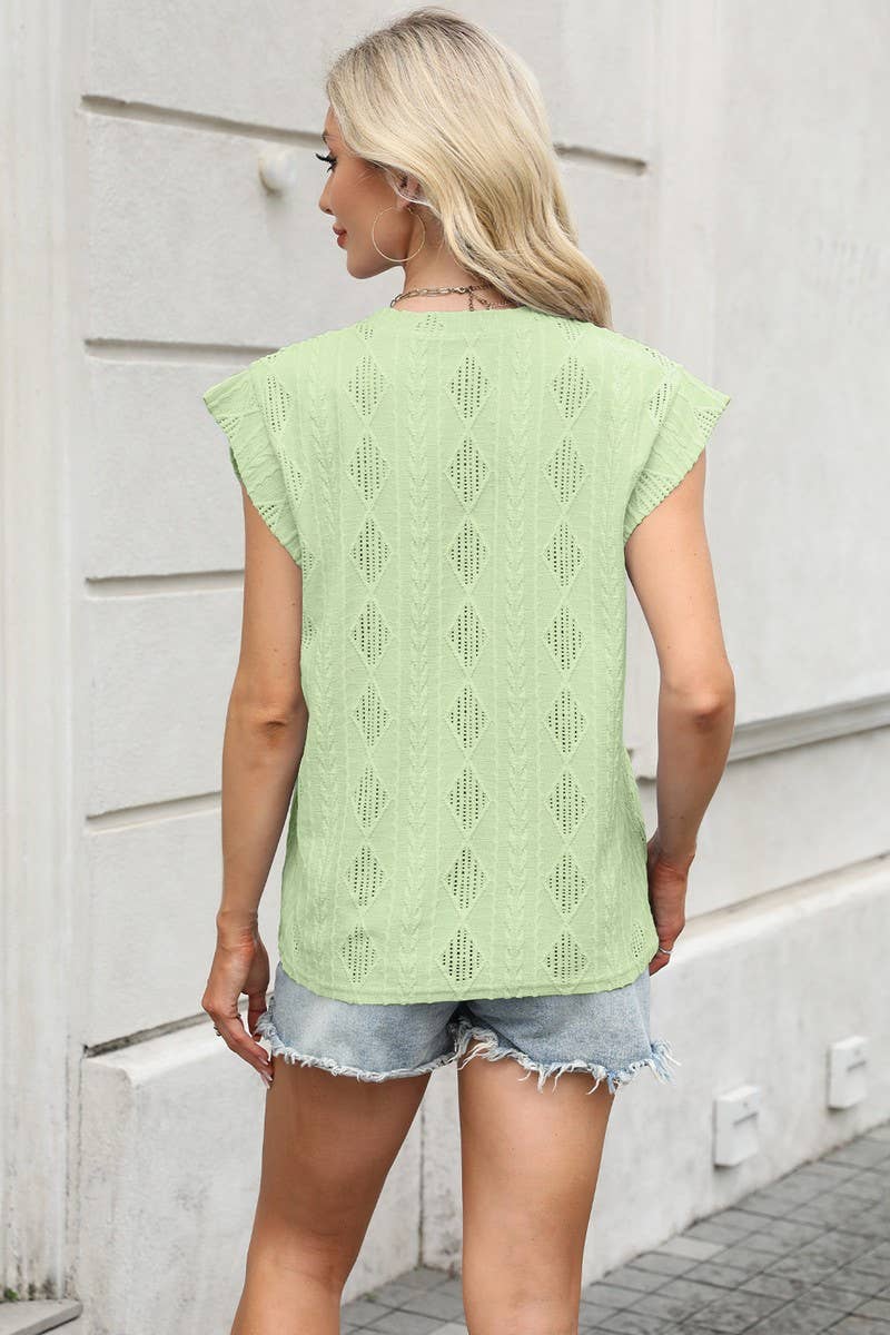 CWTBLS1696_ROUND NECK JACQUARD LOOSE SHORT SLEEVE TOP