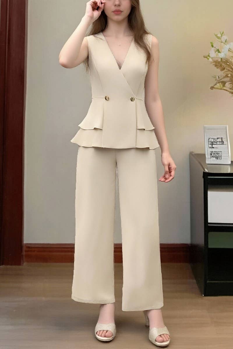 CWSTB2138_SOLID V-NECK SLEEVELESS TOP & WIDE-LEG PANTS SET