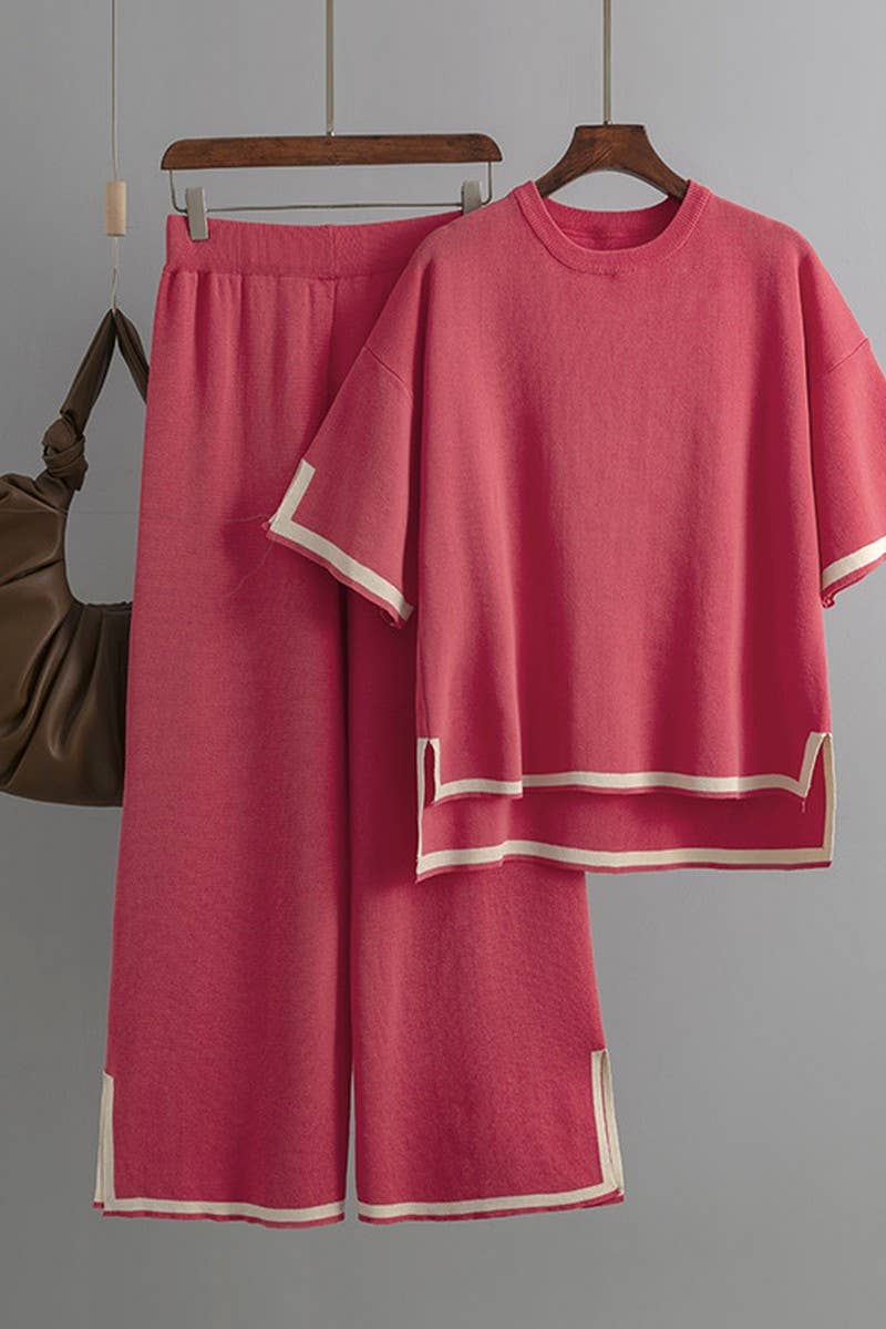 CWSTB00422_COLORBLOCK KNIT TOP & HIGH WAIST WIDE LEG SET