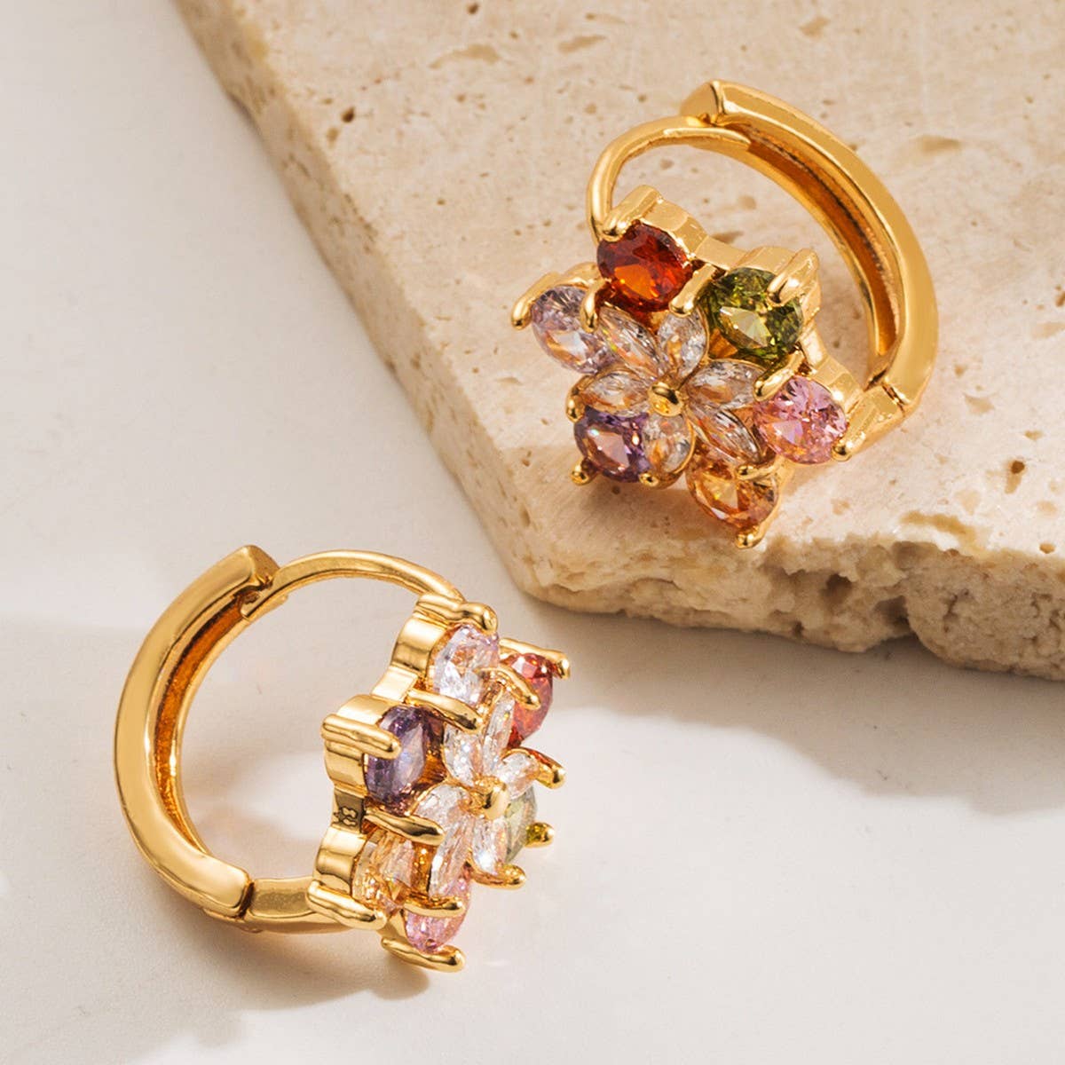 Colorful Flower CZ Hoop Earrings Gold-Plated Brass