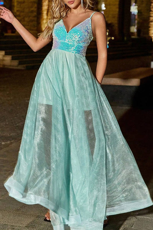 CWDMD2528_V-NECK SEQUIN MESH SEE-THROUGH DRESS LONG