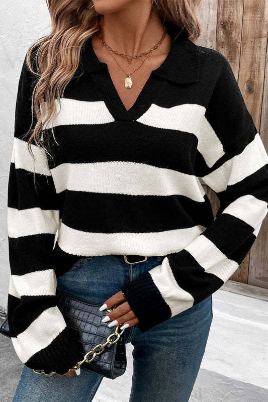 CWOSWL6822_NEW AUTUMN LONG-SLEEVED LAPEL STRIPED SWEATER