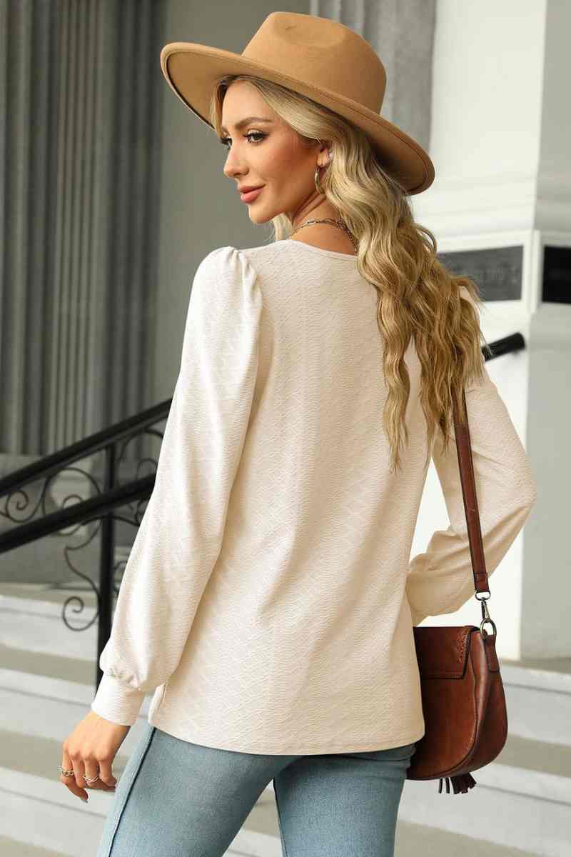 CWTBLL2832_AUTUMN SQUARE NECK JACQUARD LONG-SLEEVED TOP