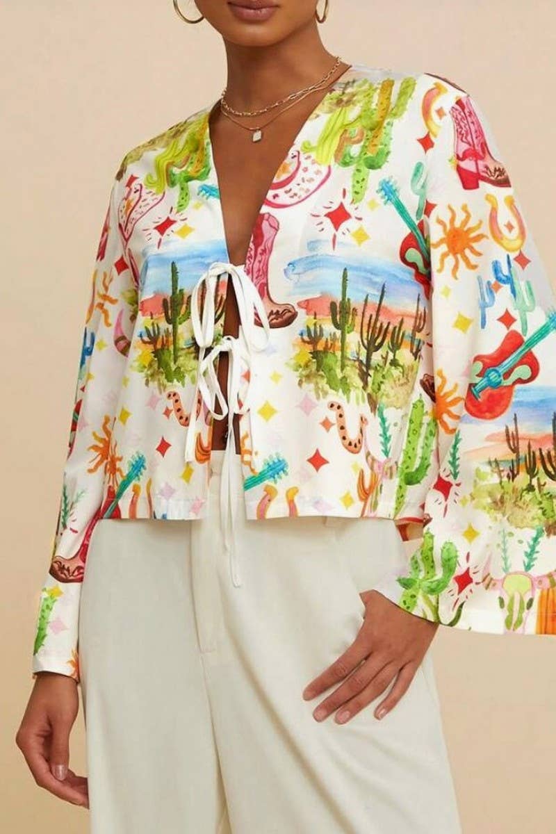 CWTBLL00632_V-NECK PRINTED TRUMPET SLEEVES HOLIDAY STYLE TOP