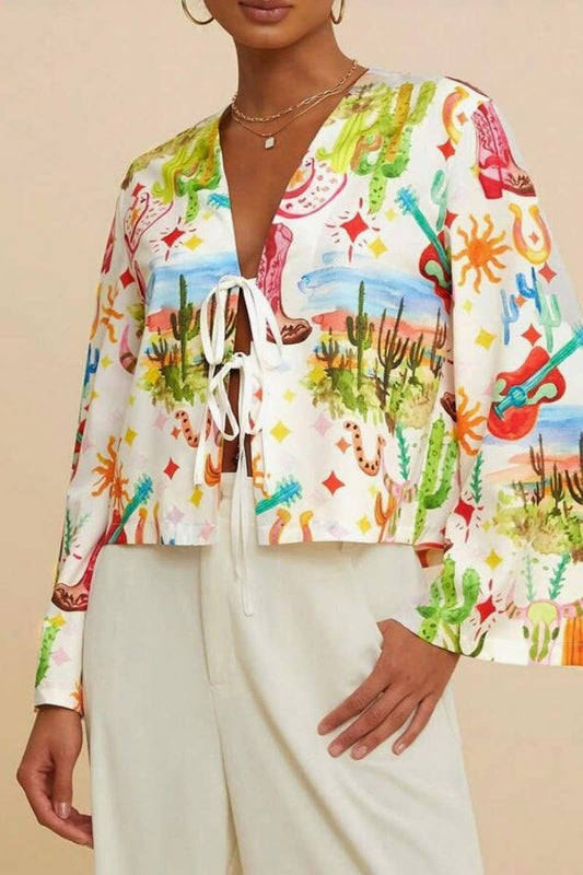 CWTBLL00632_V-NECK PRINTED TRUMPET SLEEVES HOLIDAY STYLE TOP