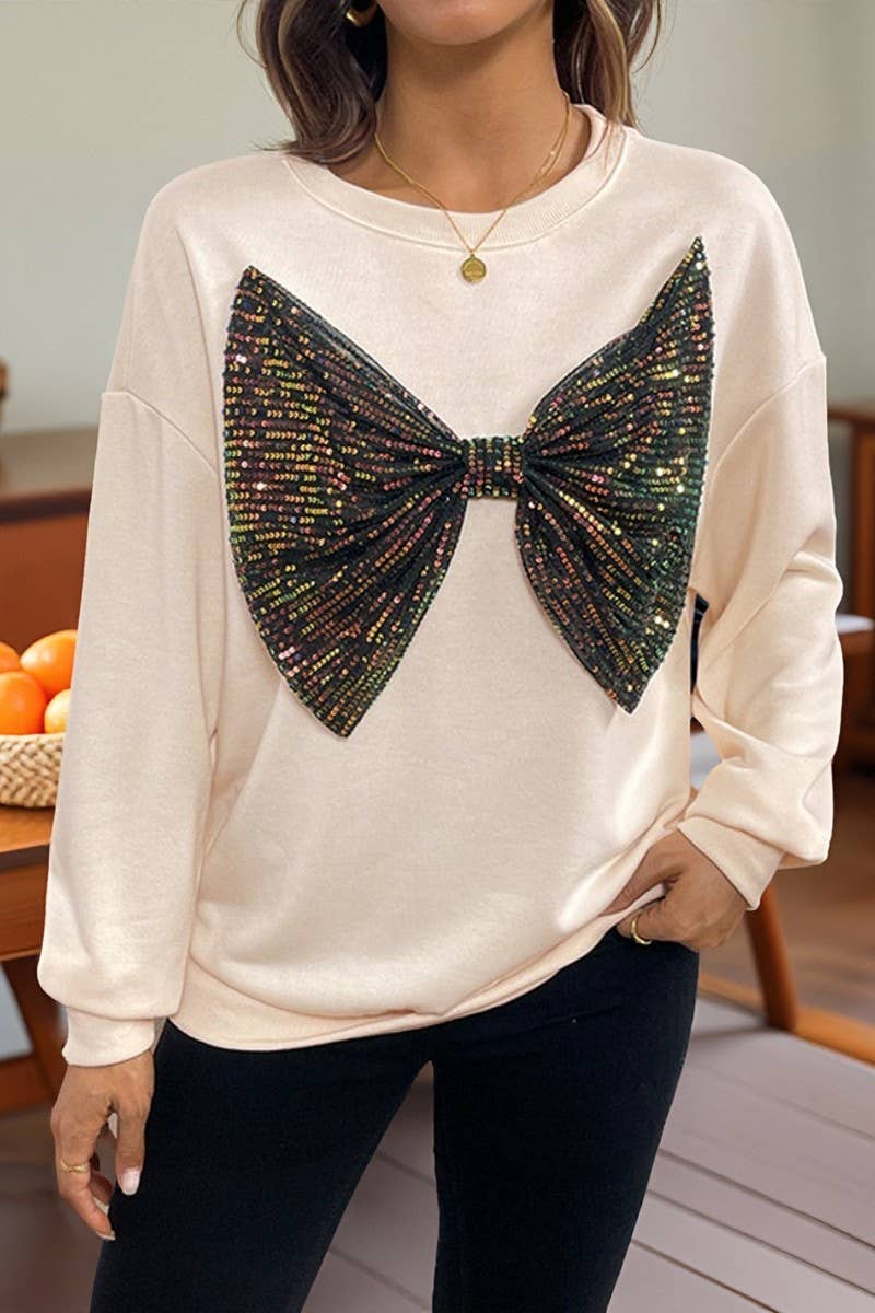 CWTBLL00770_SEQUIN BOW DETAIL CREWNECK PULLOVER SWEATSHIRT