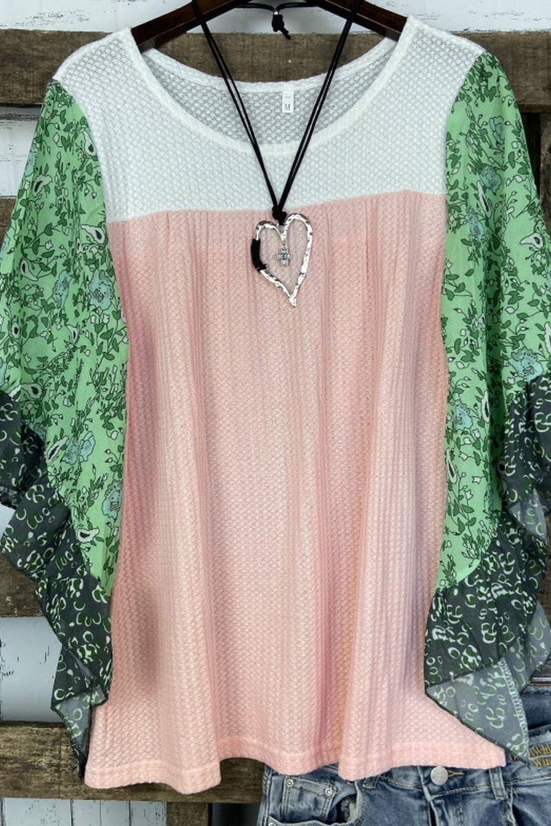 CWTBLS2231_COLORBLOCK PRINT BATWING SLEEVE WAFFLE TOP