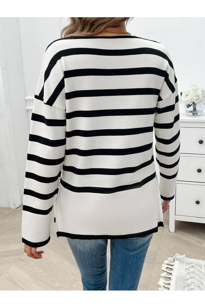 CWOSWL2649_ Loose V-Neck Long Sleeved Pullover Sweater