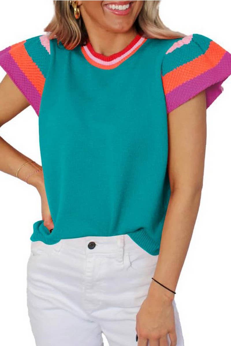 CWOSWS0124_CREW NECK CONTRAST COLOR KNIT SHORT SLEEVE TOP