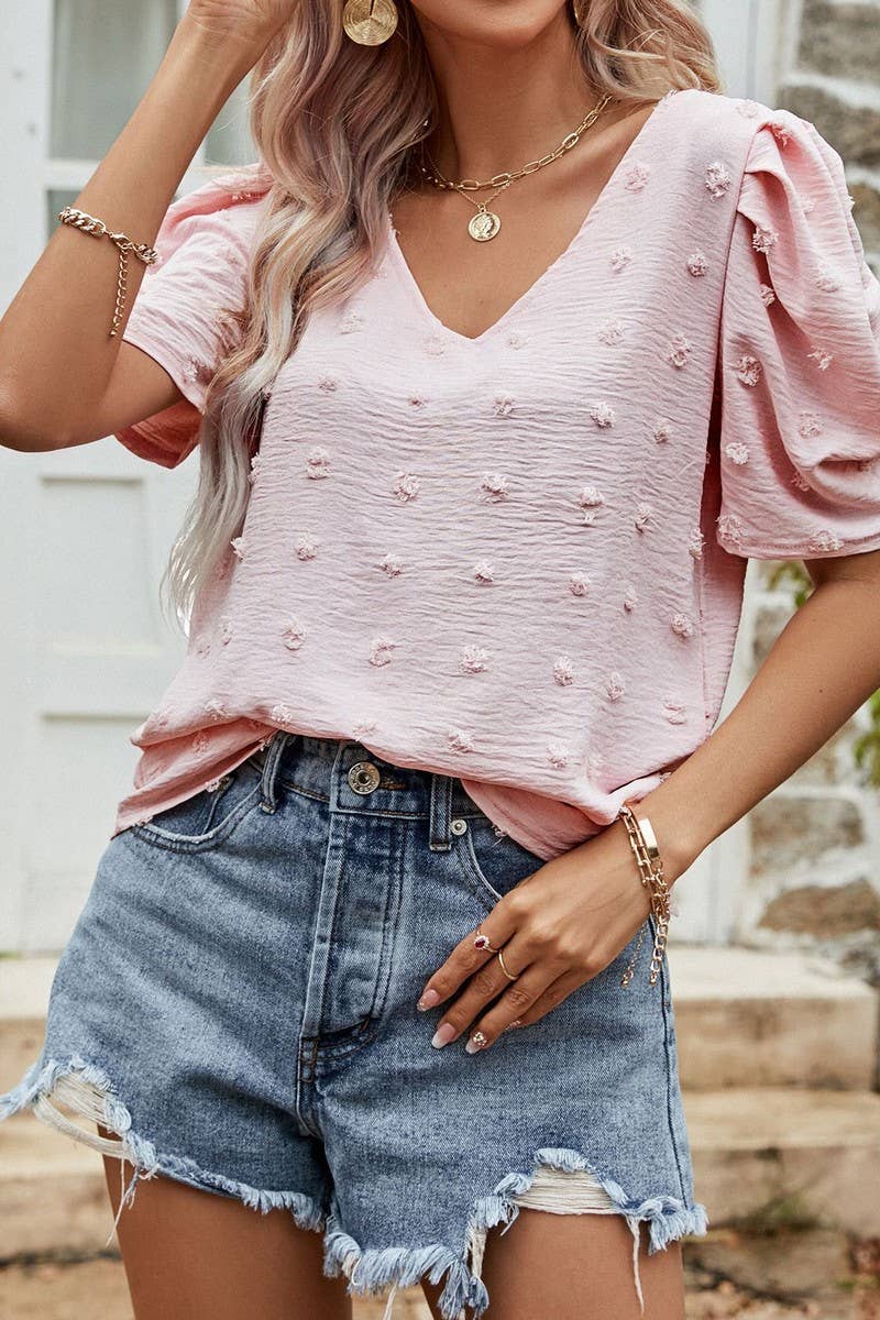 CWTBLS0358_V-Neck Short Puff Sleeve Blouse