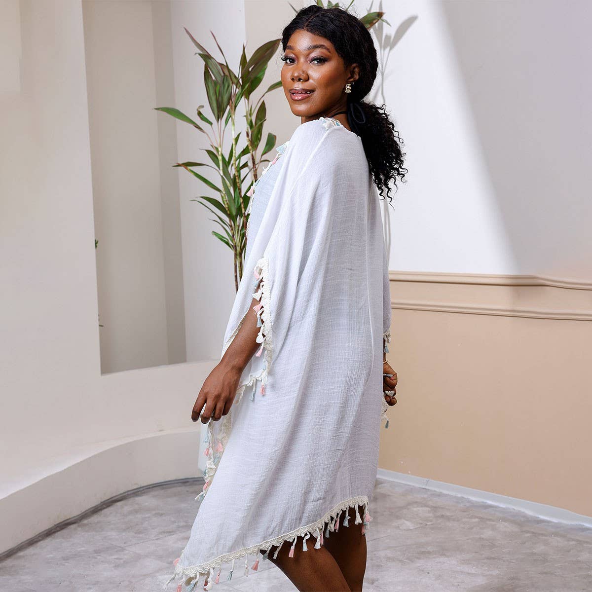 Sexy Beach Cover Up with Tassels and Gold Trim