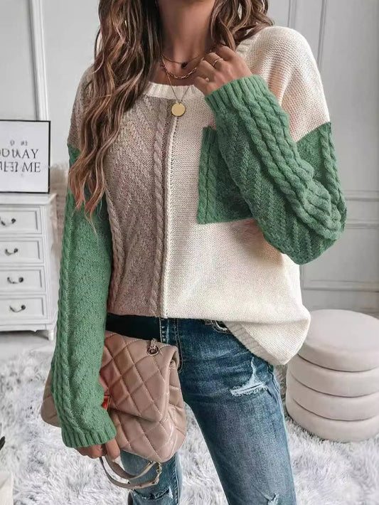 CASUAL PATCHWORK POCKET PULLOVER SWEATER