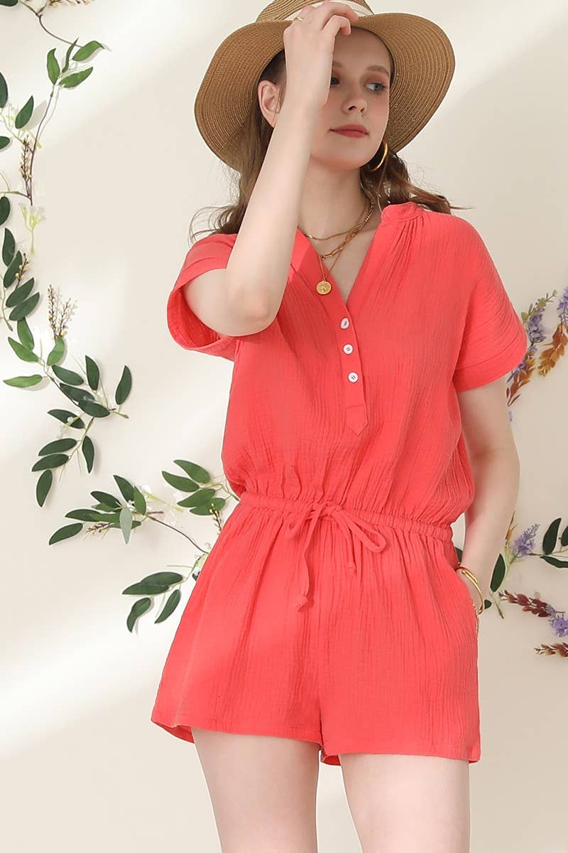 CWSJS224_HENLEY NECK SHORT SLEEVE JUMPSUIT ROMPER