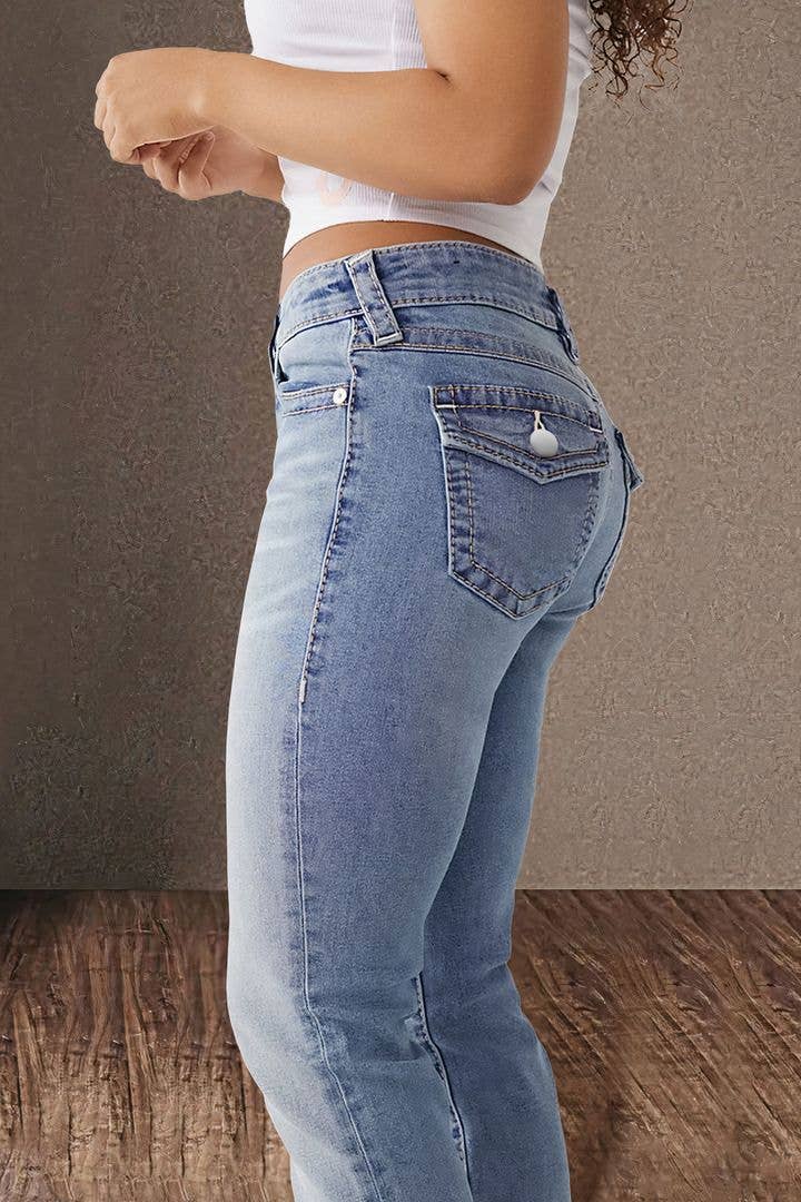 DOUBLE BUTTON MID-WAIST STRAIGHT LEG JEANS
