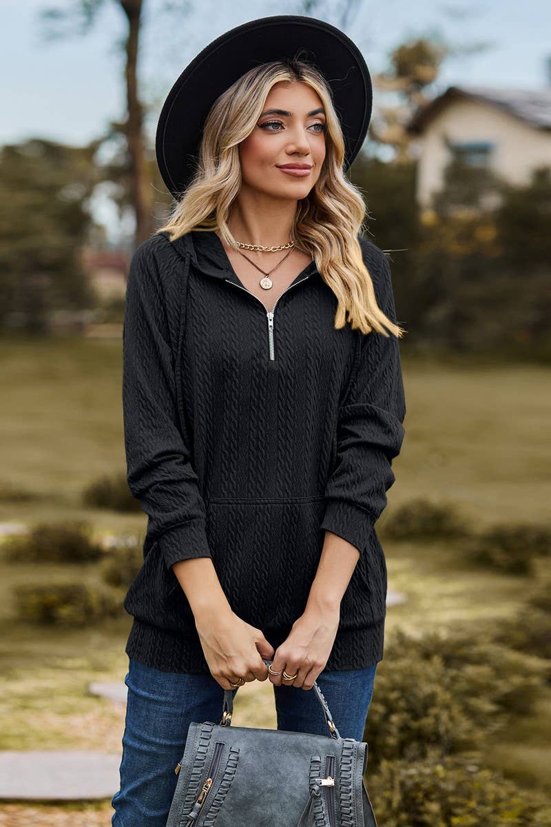 CWOHOL1094_HOODED ZIPPER LOOSE LONG SLEEVE SWEATSHIRT