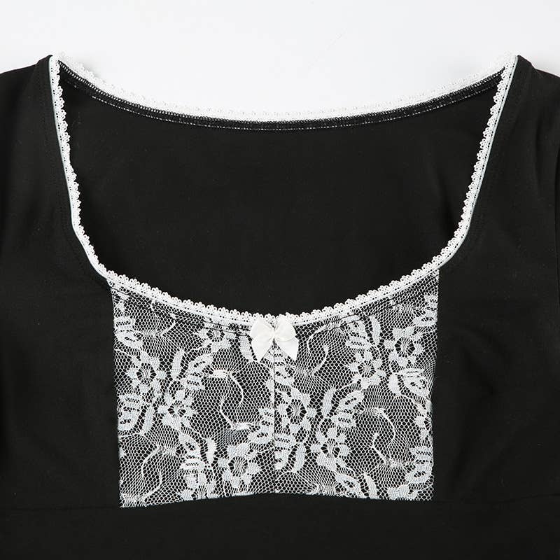 Crew-neck lace patchwork long-sleeved T-shirt