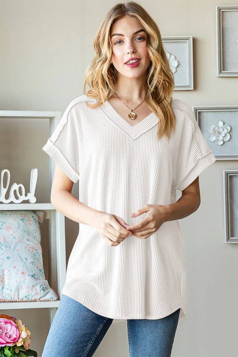 CWTBLS1500_V-NECK RIBBED JACQUARD KNIT SHORT-SLEEVED T-SHIRT