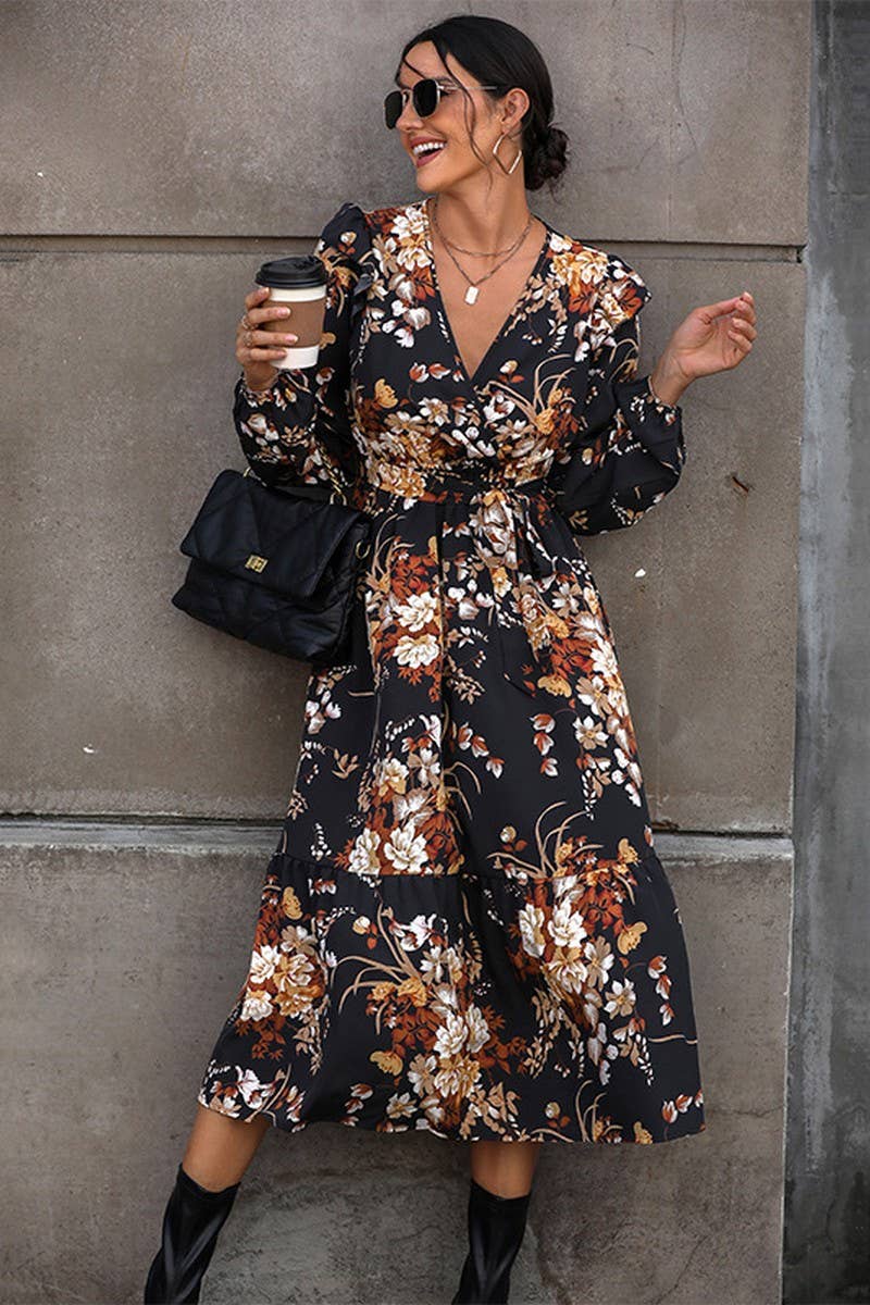 CWDMD4736_NEW LADIES V-NECK PRINTED MIDI DRESS
