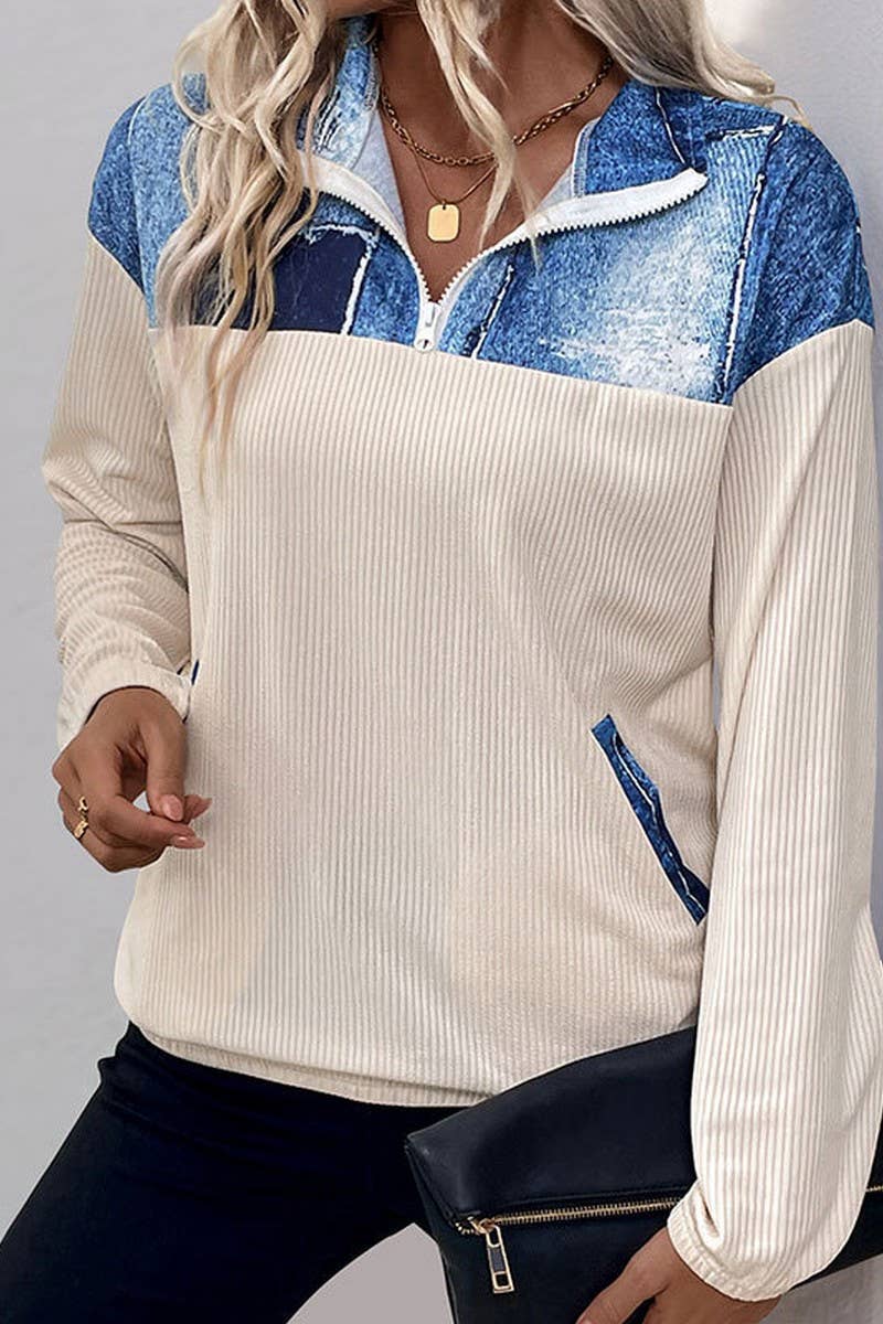 CWTBLL3706_CONTRAST COLOR CASUAL LAPEL PULLOVER SWEATSHIRT