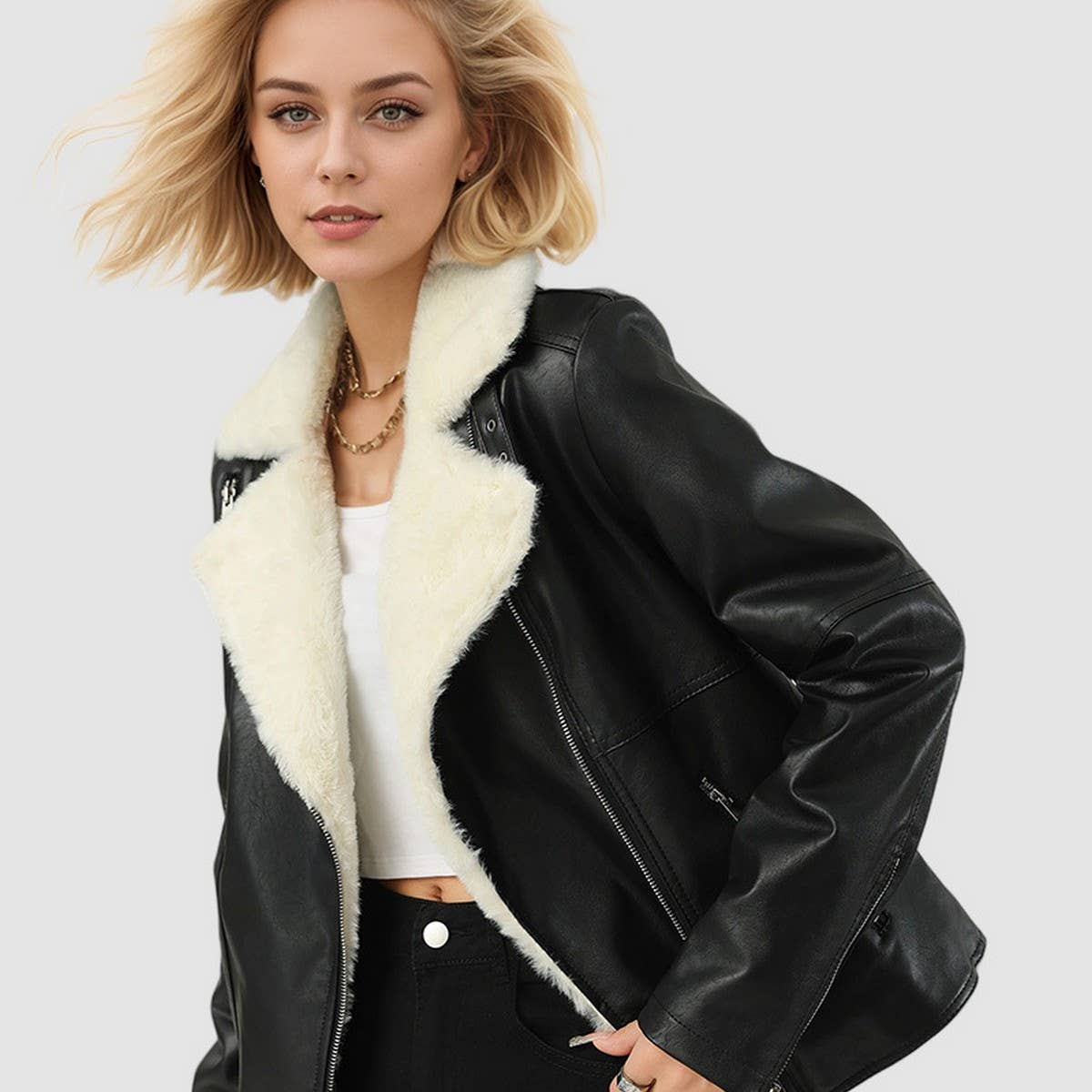 Plus Size Faux Shearling Lined Winter PU Jacket_CWMM9027