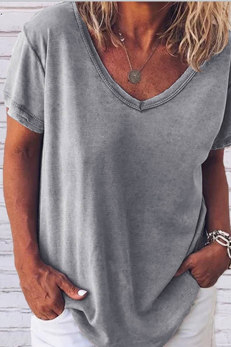CWTTS1057_V NECK SOLID COLOR CASUAL SHORT SLEEVED T SHIRT