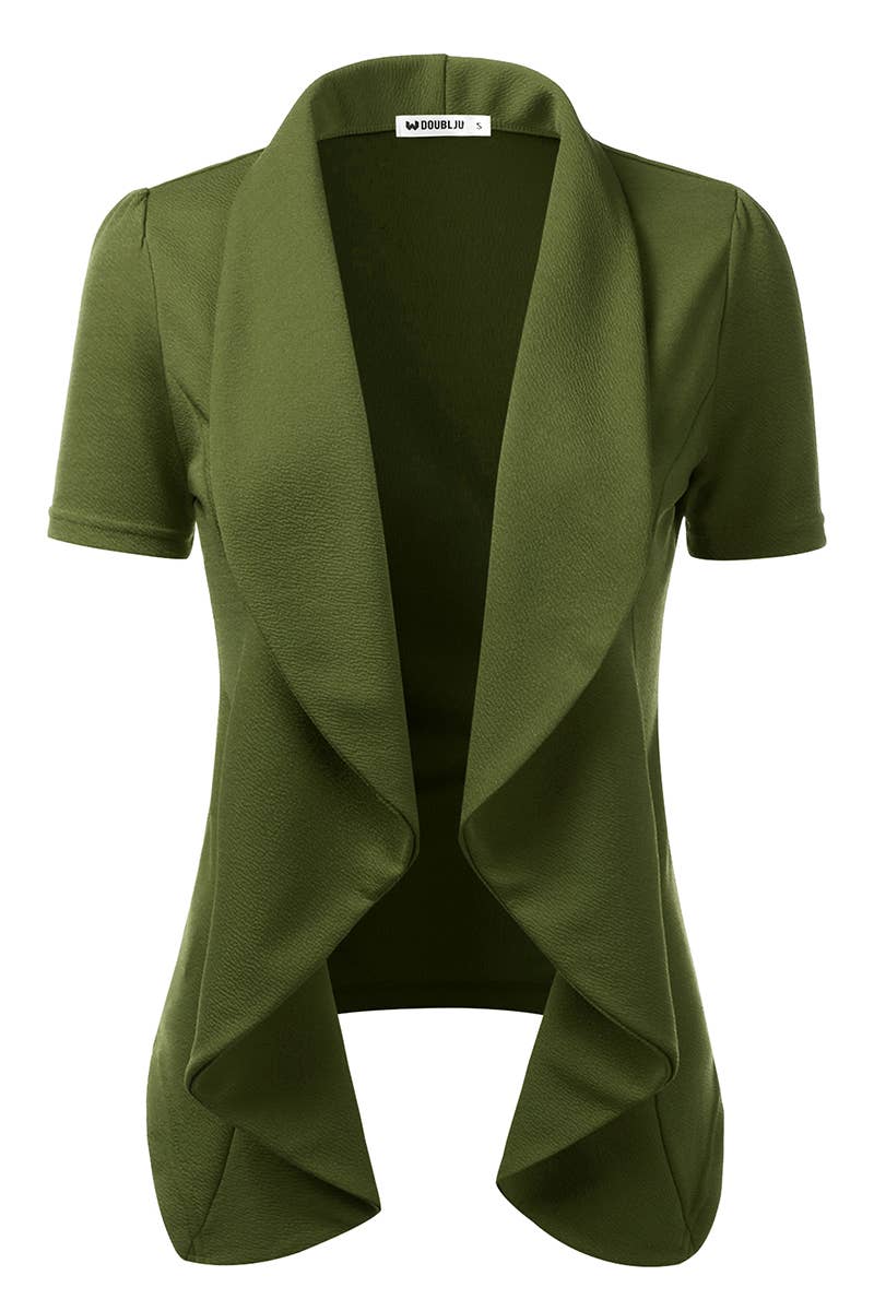 CWOBL095_Short Sleeve Open Front Draped Ruffles Blouses