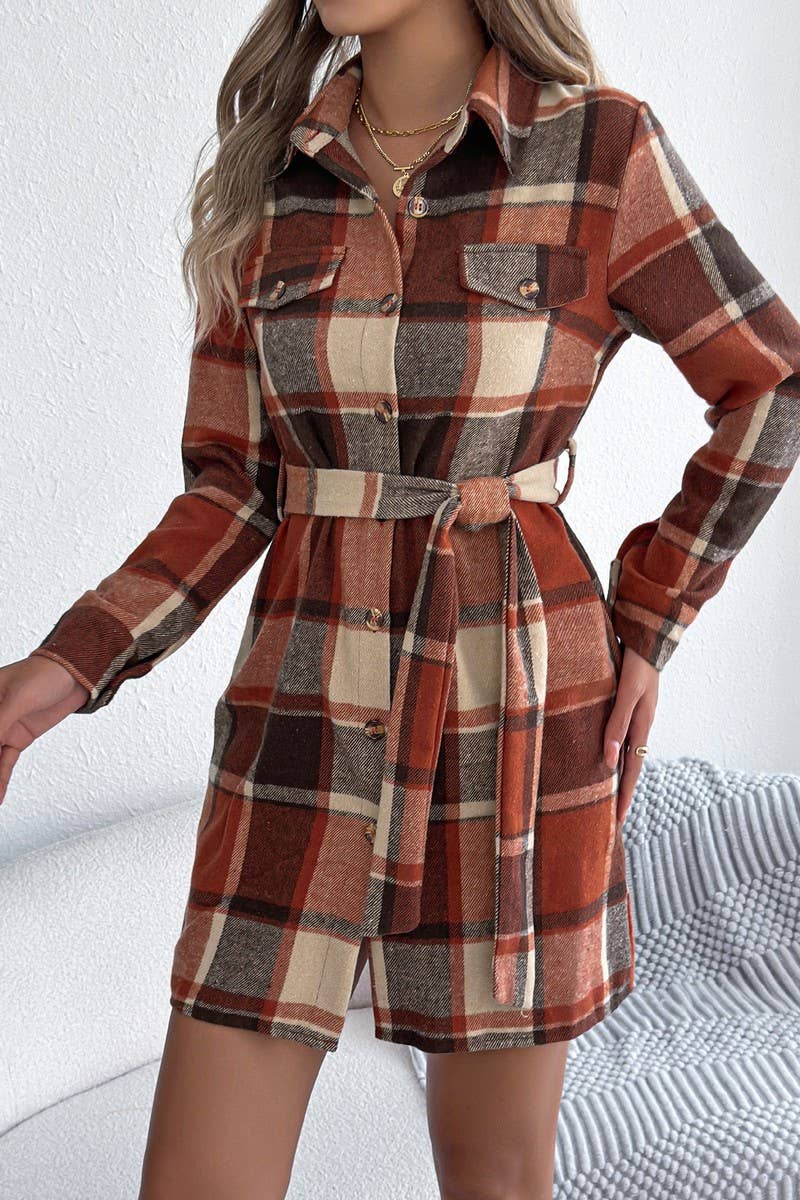 CWTDSL0124_CASUAL COLORBLOCK LONG SLEEVE PLAID SHIRT DRESS