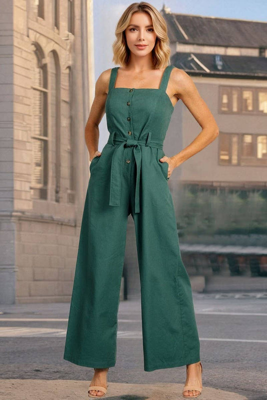 CWSJS1753_BELTED SLEEVELESS BUTTON-UP CAMI JUMPSUIT