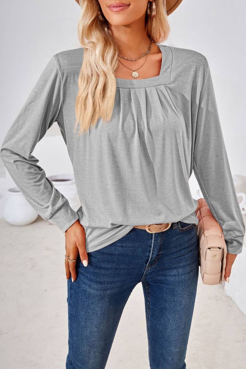 CWTBLL2796_FALL SQUARE NECK PLEATED LONG SLEEVE TOP