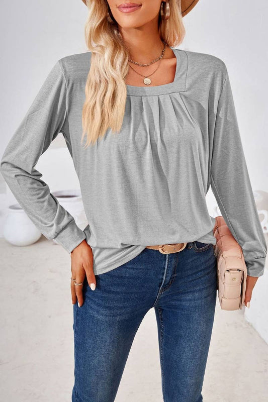 CWTBLL2796_FALL SQUARE NECK PLEATED LONG SLEEVE TOP