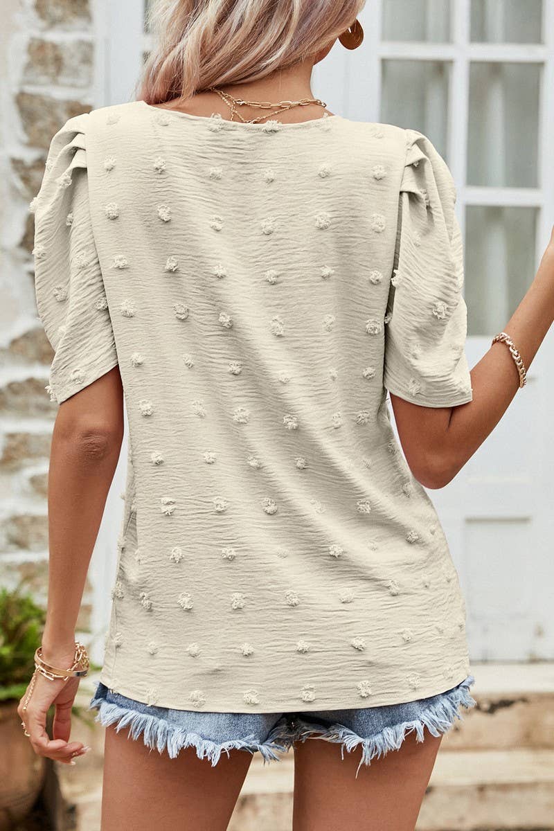 CWTBLS0358_V-Neck Short Puff Sleeve Blouse