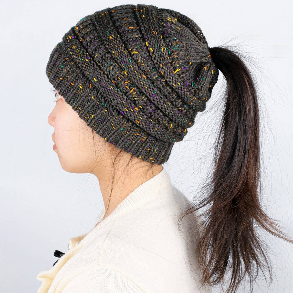 CWAHA07209_WINTER PONYTAIL HAT FASHIONABLE CABLE BEANIE