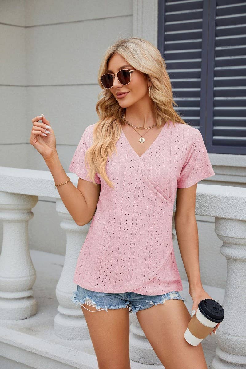 CWTTS0847_V-Neck Short Sleeve Knit Top