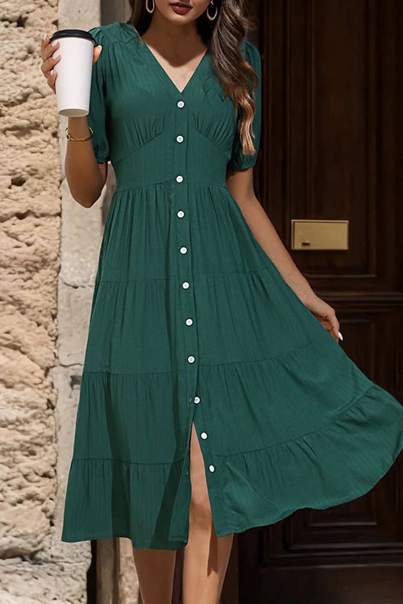 CWDSD2768_Button Down Short Sleeve V-Neck Dress