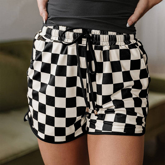 Drawstring fashionable checked print shorts