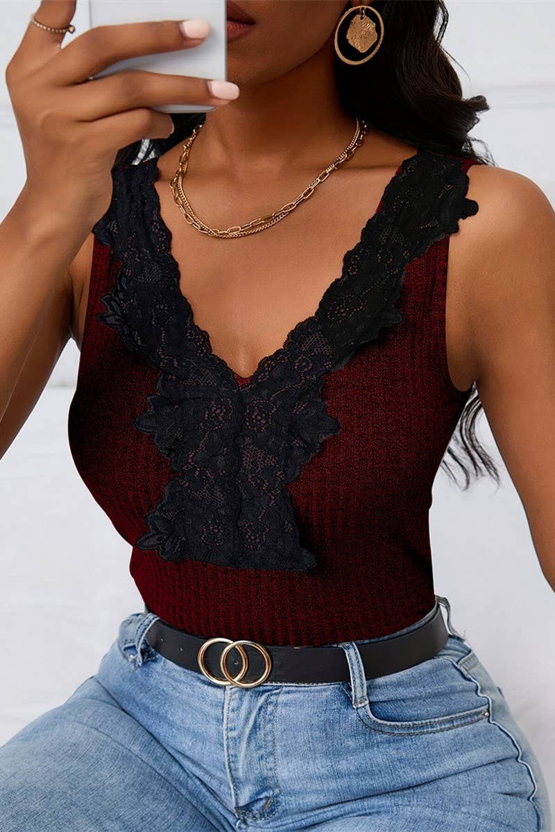 CWTTSL0351_TEMPERAMENT LACE SPLICING V-NECK RIBBED VEST