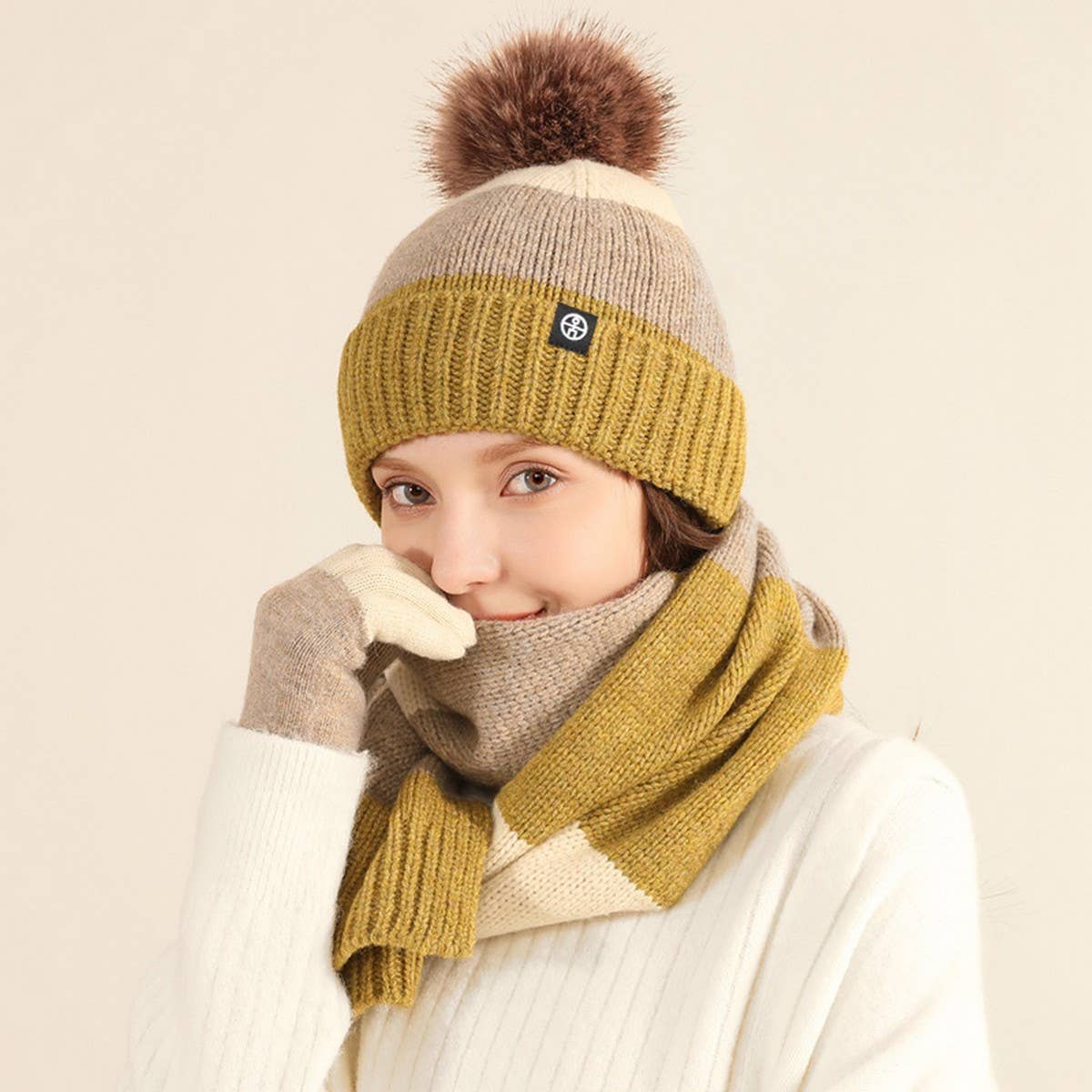 WINTER KNITTED CONTRAST POM POM THREE PIECE SUIT