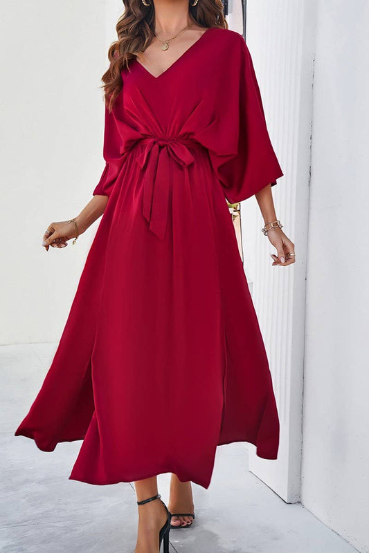 CWDMD1334_V-Neck 3/4 Sleeve With Belt Maxi Dresses