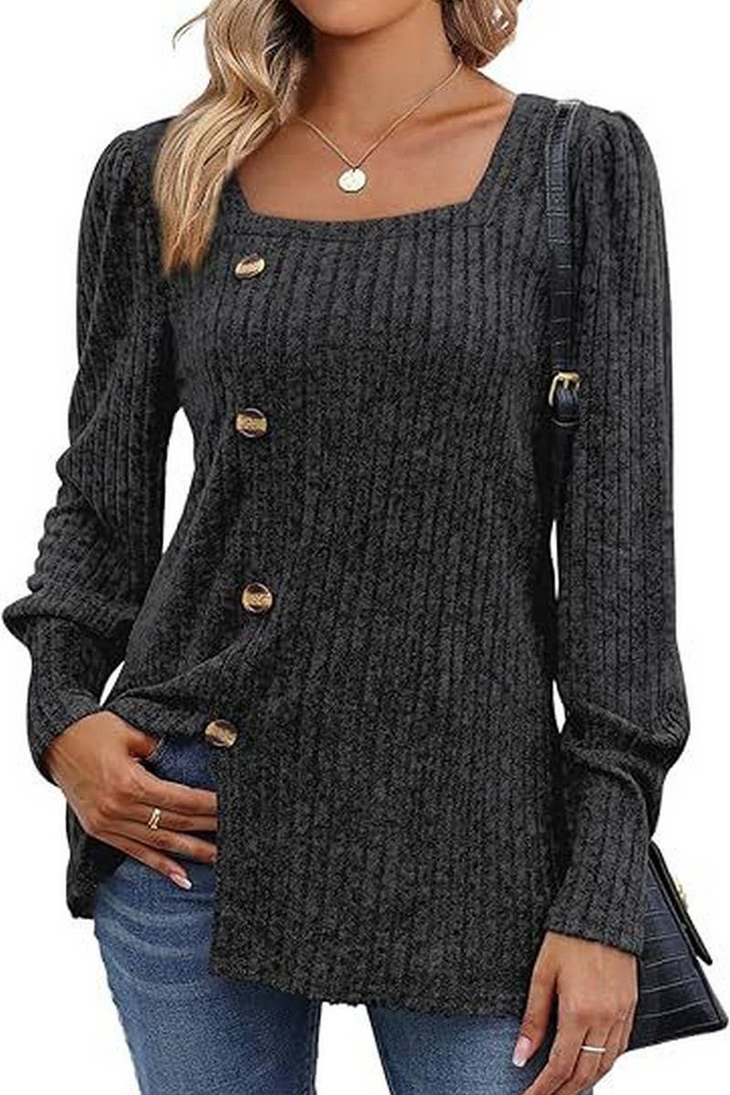 CWTBLL4014_RIBBED SQUARE NECK PUFF SLEEVE SPLIT HEM TOP