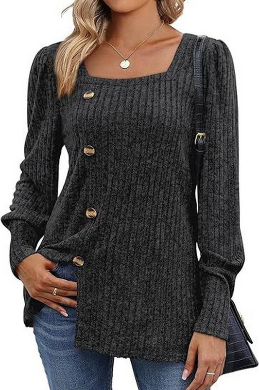 CWTBLL4014_RIBBED SQUARE NECK PUFF SLEEVE SPLIT HEM TOP