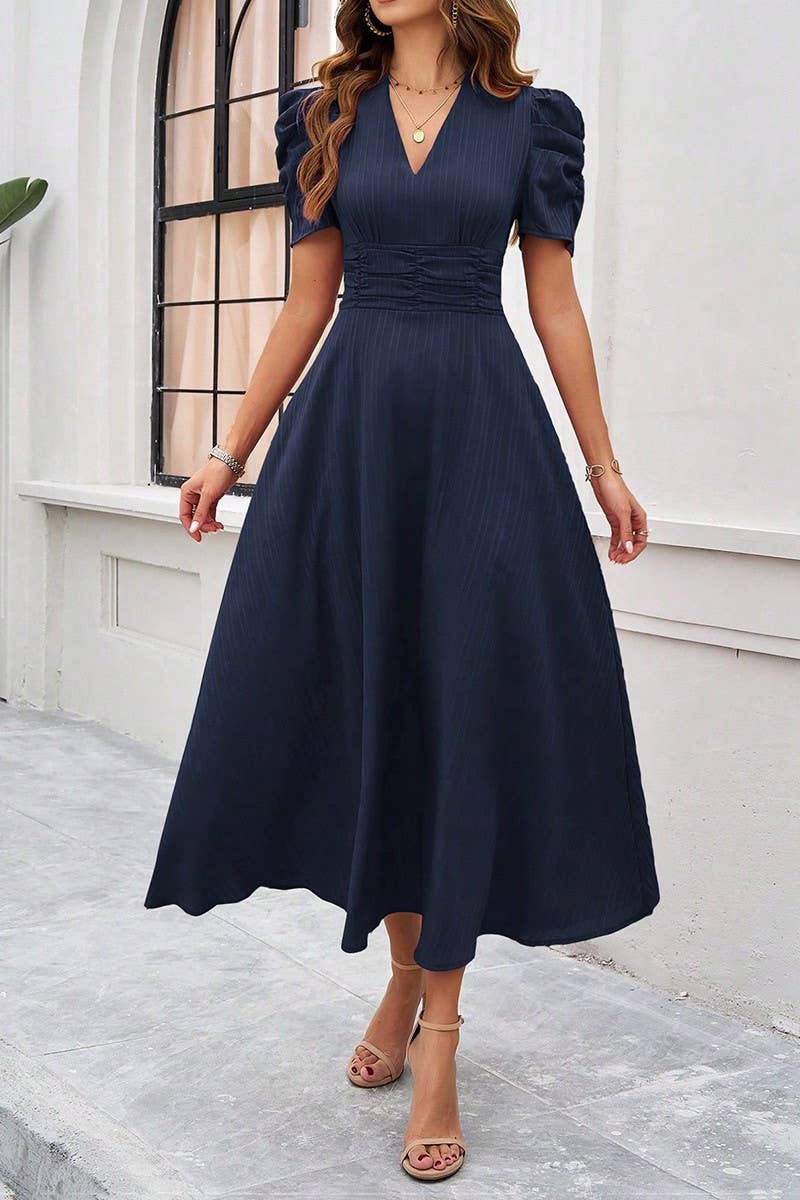 CWDMD6446_TEMPERAMENT HIGH WAIST SOLID COLOR WAIST DRESS