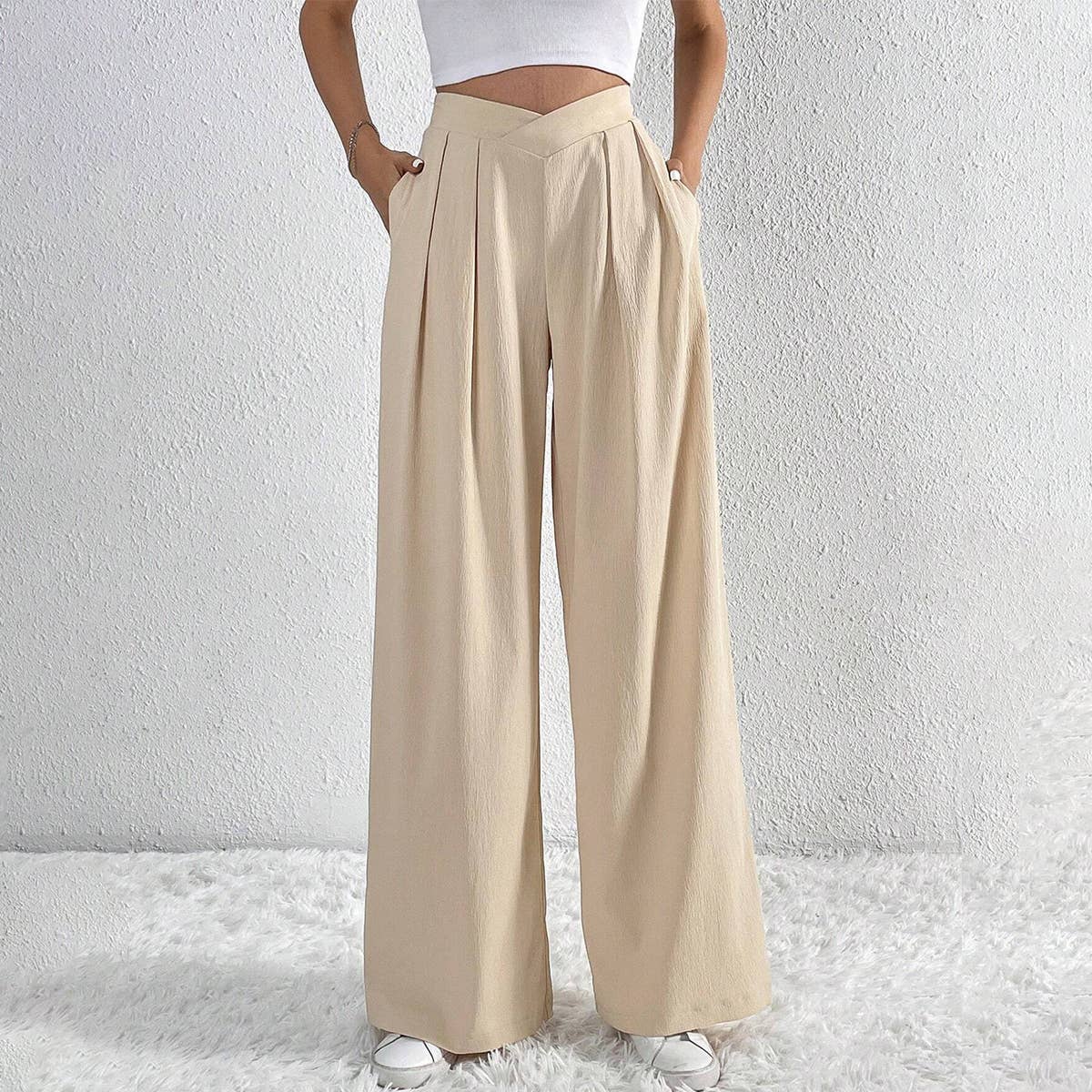 ASYMMETRICAL WAIST PLEATS CASUAL WIDE LEG SLACKS_CWBLP0603