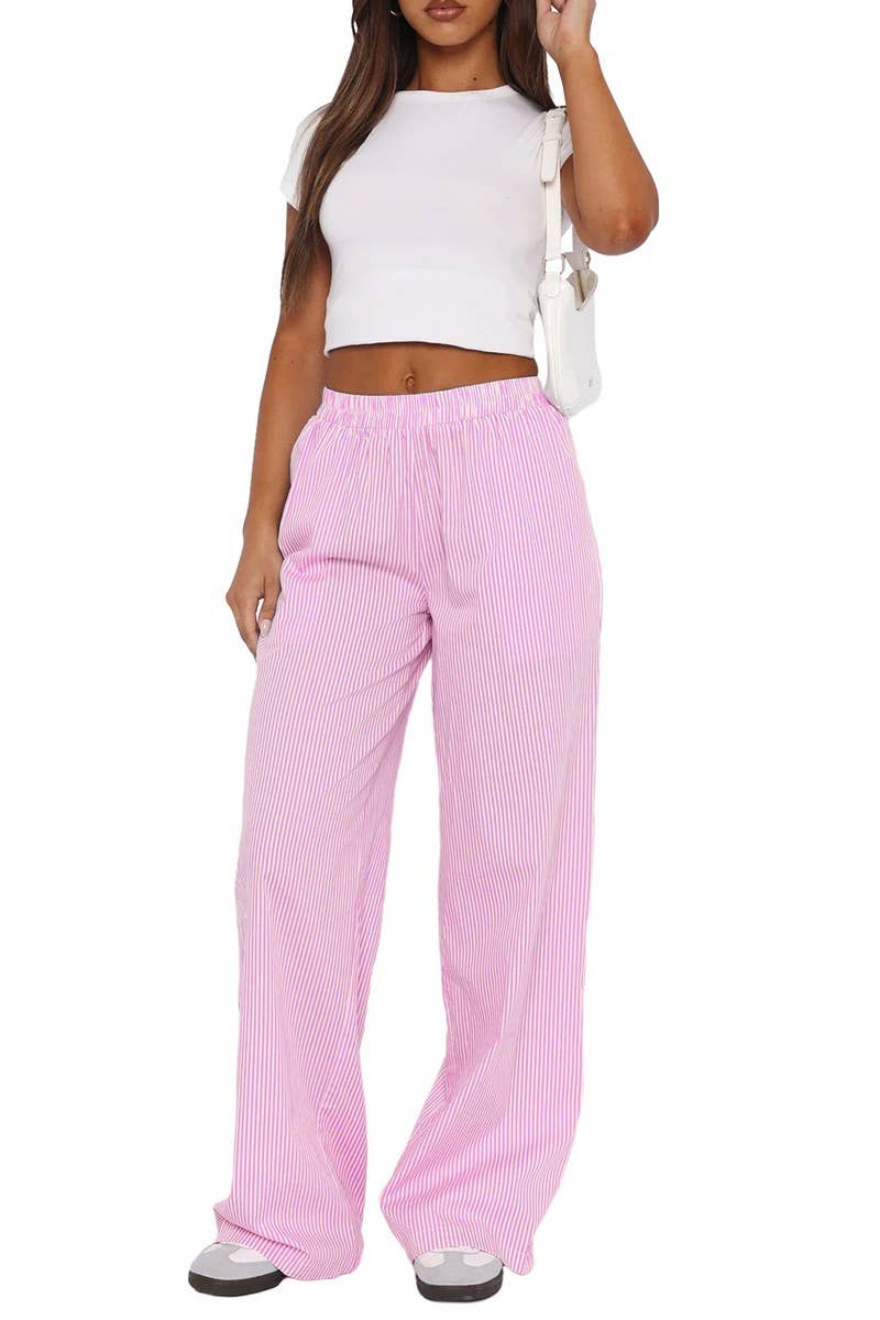 CWBLP1595_CASUAL STRIPED PRINT LOOSE WIDE-LEG TROUSERS